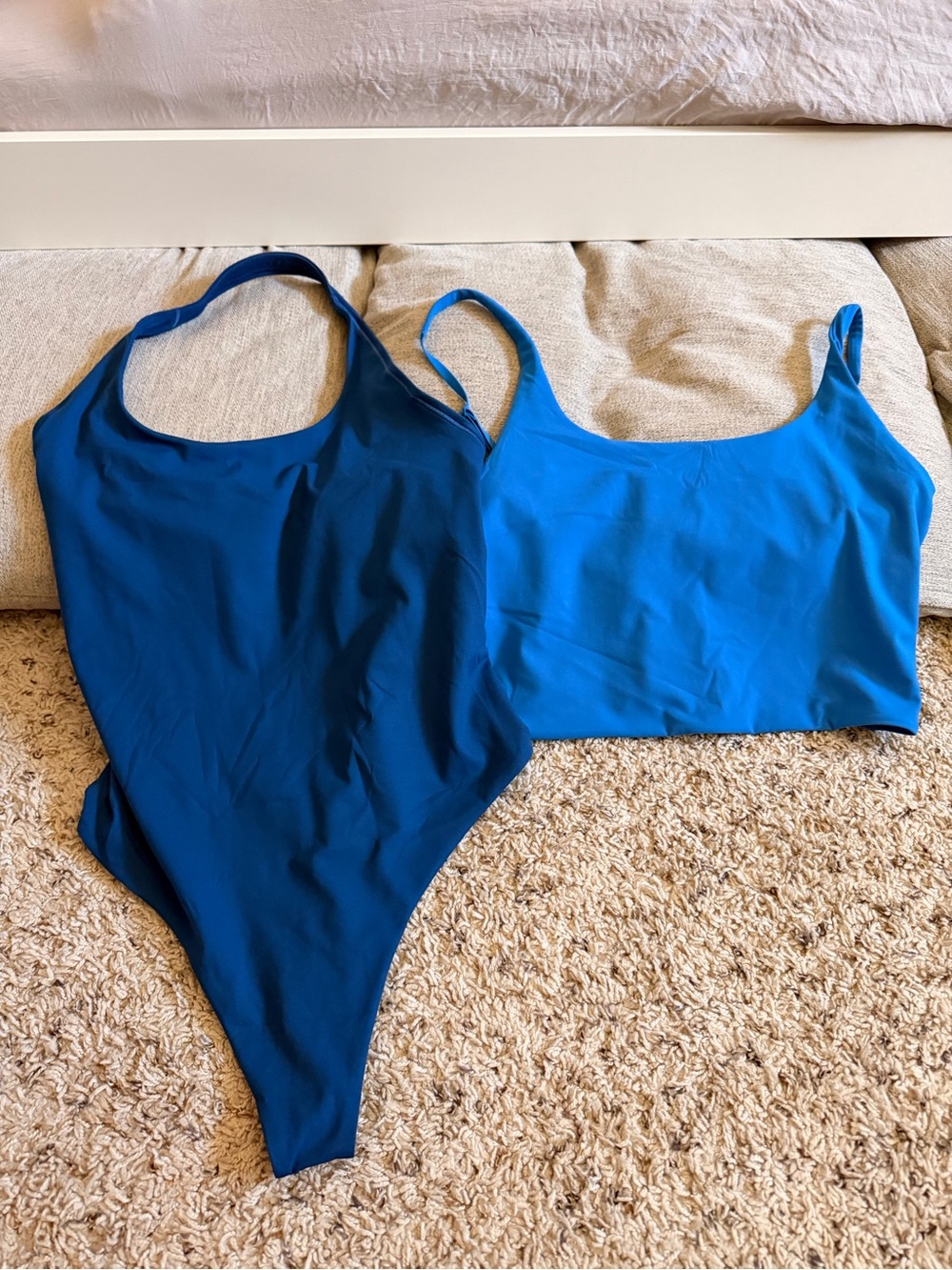 BNWT Athleta medium lot-Navy thong body suit, cobalt blue bra